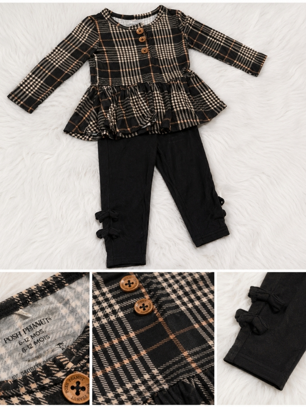 Posh Peanut Bamboo Black & Tan Plaid Peplum Top with Black Bow Leggings